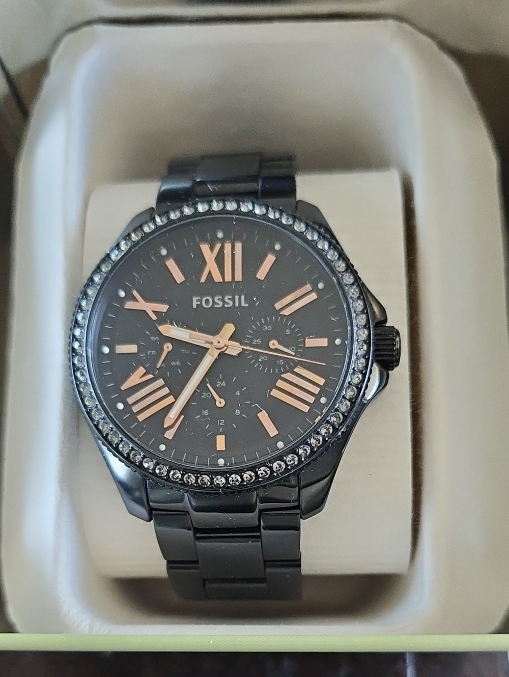 Fossil Black Watch with Rose Gold Markers and Crystal Bezel
